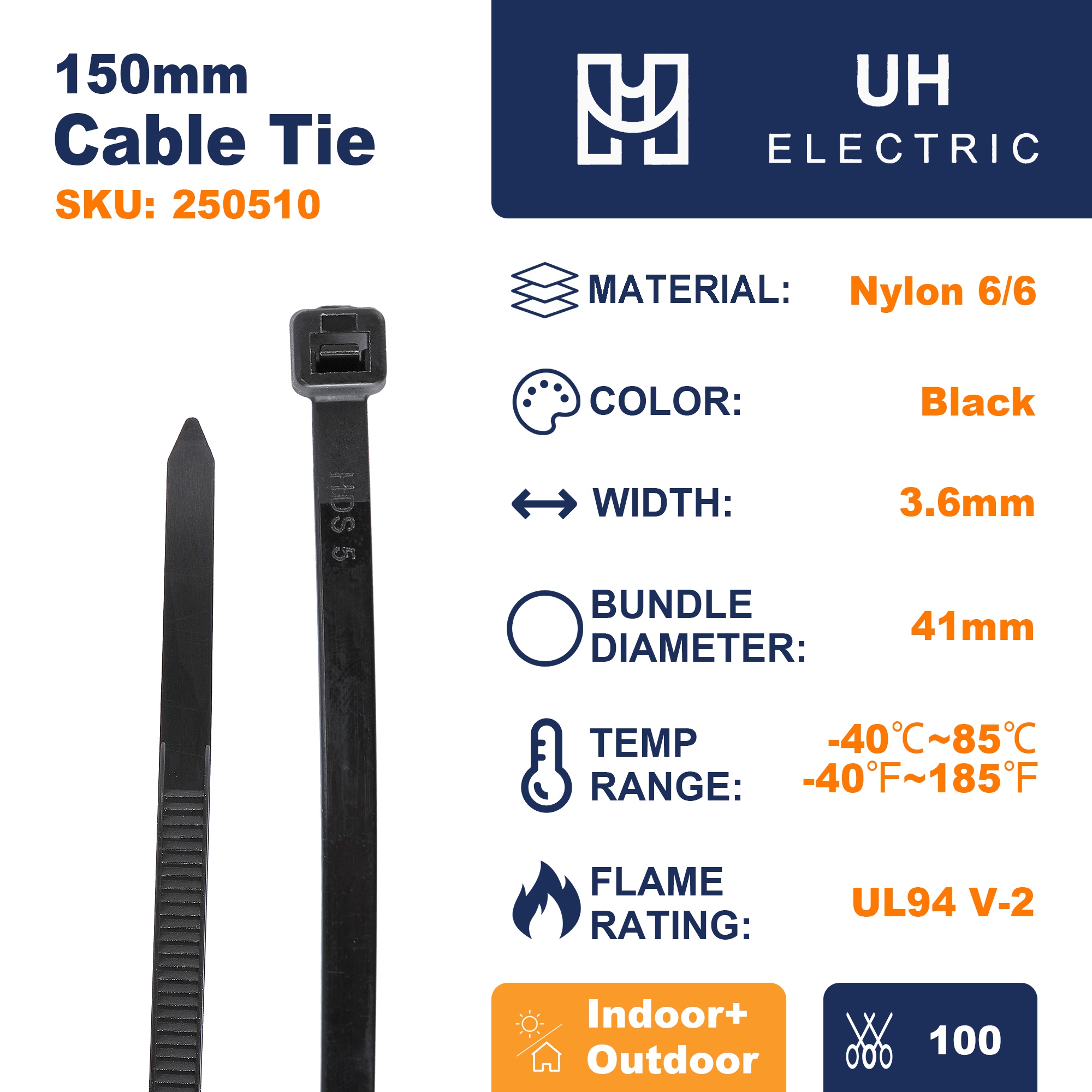 150mm UV Resistant Black Multi Purpose Cable Tie 3.6mm Width 100 Pack