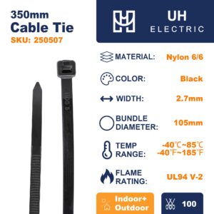 350mm UV Resistant Black Multi Purpose Cable Tie 2.7mm wide 100 Pack