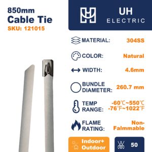 850mm UV Resistant Natural 304 Stainless Steel Cable Tie 4.6mm Width 100 Pack